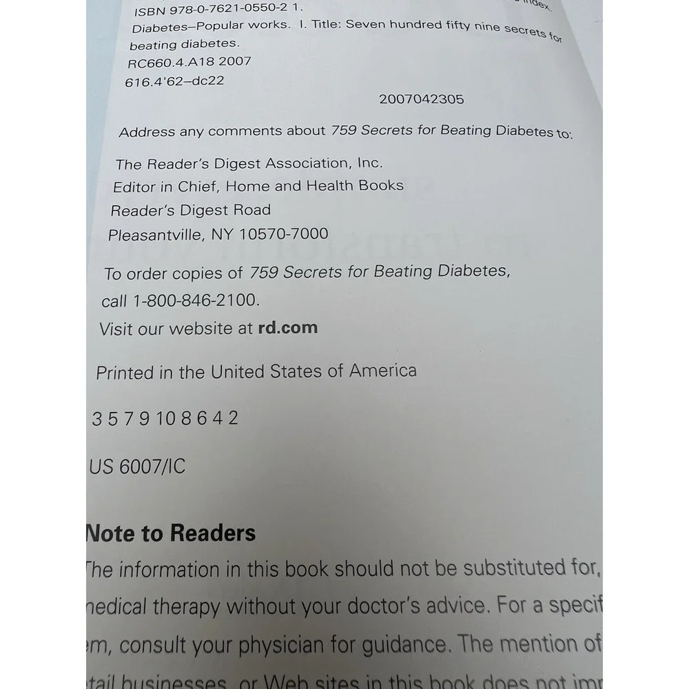 759 Secrets for Beating Diabetes - hardcover,‎ Readers Digest HC excellent